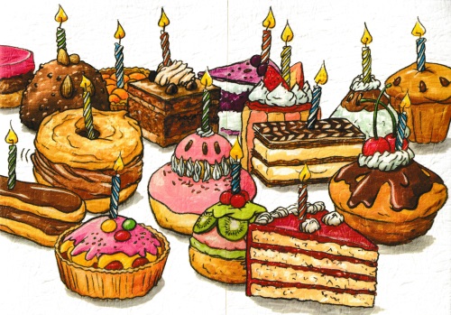 Faltpostkarte "Torten- und Kuchenstücke (Happy Birthday)"