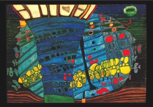 Kunstkarte Hundertwasser "Der blaue Mond - Atlantis"