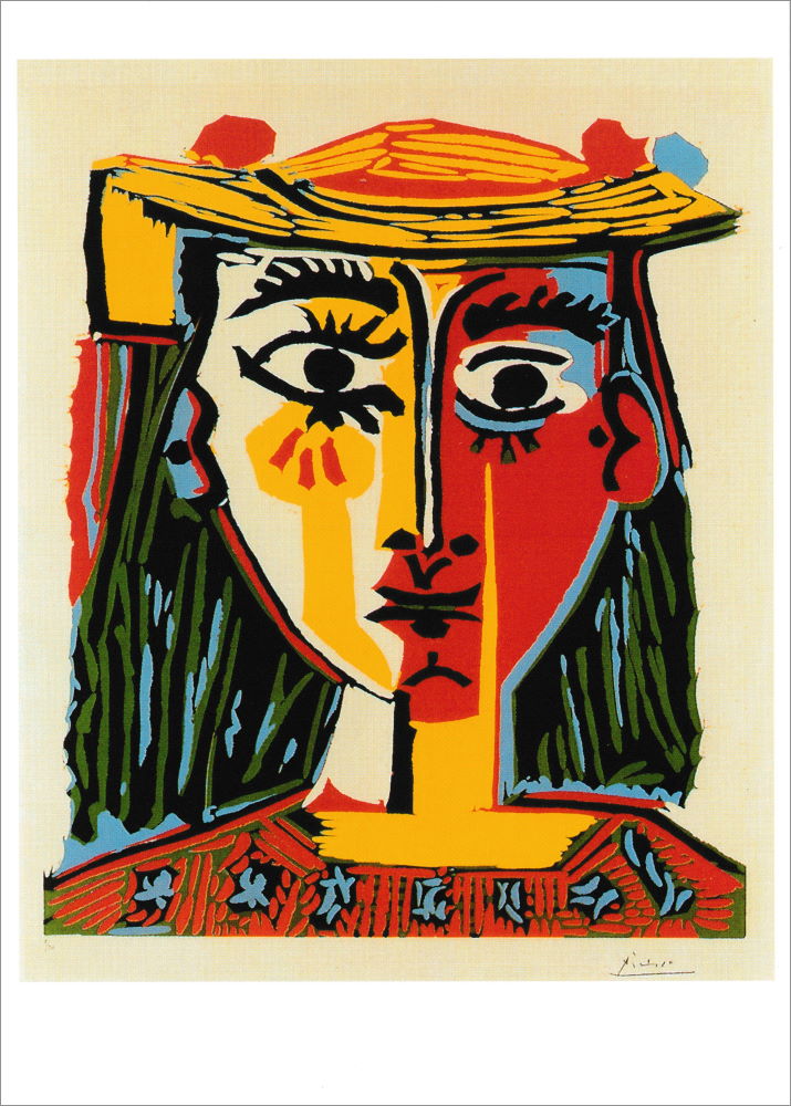 Kunstkarte Pablo Picasso "Frau mit Pompons-geschmücktem Hut und bedruckter Bluse"