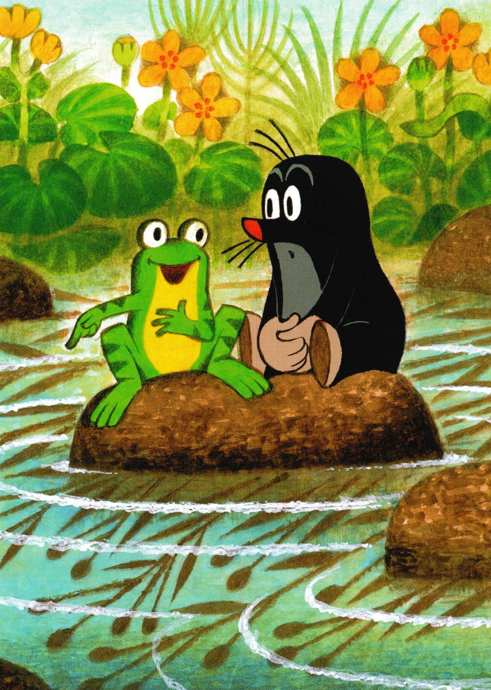 Postkarte "Der kleine Maulwurf mit Frosch auf Stein"