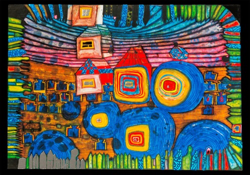 Kunstkarte Hundertwasser "Die Fenster gehen nach Hause"