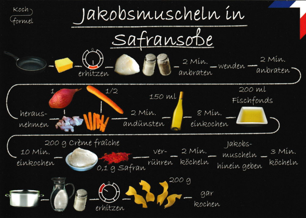 Rezept-Postkarte "Französische Küche: Jakobsmuscheln in Safransoße"